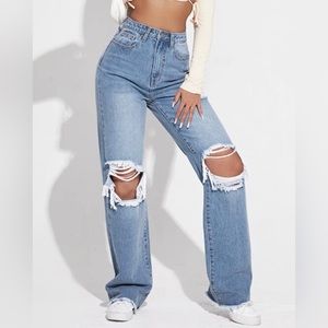 Blue Ripped Cutout High Waisted Wide Leg Jeans